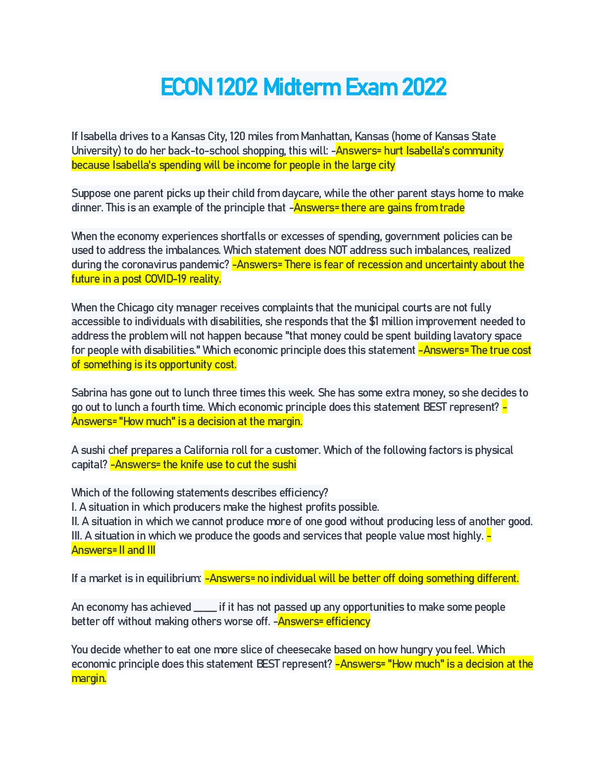 Preview image of ECON 1202 Midterm Exam 2022 document